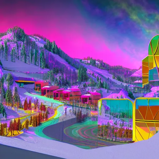 Prompt: psychedelic ski resort, concept art, architectural plans, synthwave, 4k render