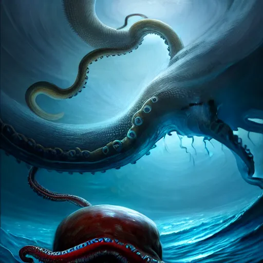 Image similar to a dream fantasy painting of a a man fighting a giant octopus in the deep of the ocean, by beksinki, giger, greg rutkowski, carne griffith trending on artstation, deviantart, photorealism