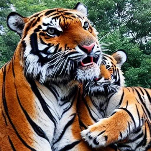 Prompt: photo of two tigers taking a selfie