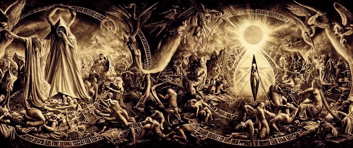 Image similar to the birth of civilization out of the luciferian spirit of distributed cognition, secret illuminati cabal, highly detailed, occult alchemy, dark surrealism