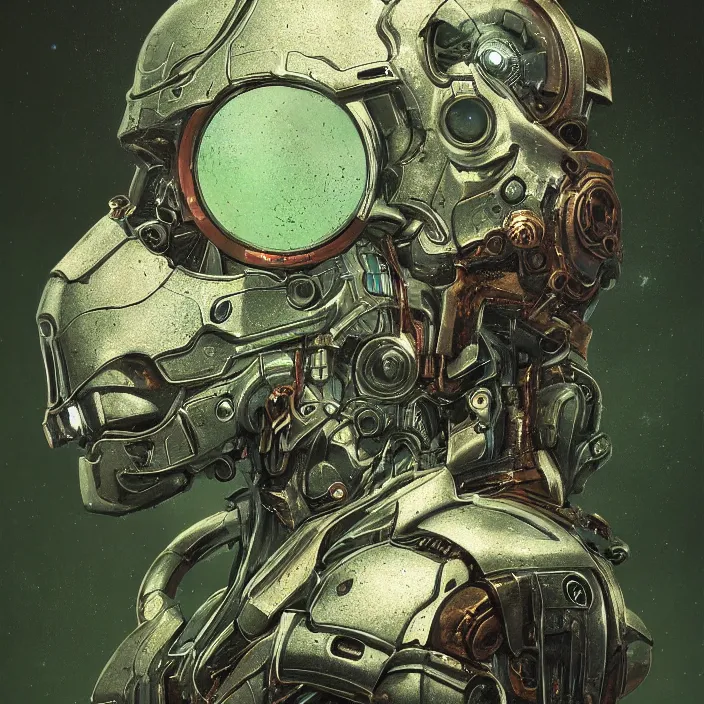 Prompt: portrait of a green ultron from age of ultron, clockwork steampunk, dieselpunk, head and chest only, by beksinski, 4 k, deviantart, trending on artstation