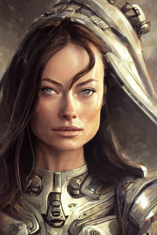 Image similar to a professional painting of a young Olivia Wilde, clothes in military armor, olive skin, long dark hair, beautiful bone structure, symmetrical facial features, intricate, elegant, digital painting, concept art, smooth, sharp focus, illustration, from StarCraft by Ruan Jia and Mandy Jurgens and Artgerm and William-Adolphe Bouguerea