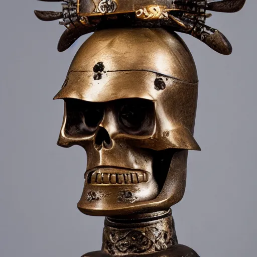 Image similar to old bronze skull of toyotomi hideyoshi wearing a samurai helmet, professional photo shot, depth of field, intricate details