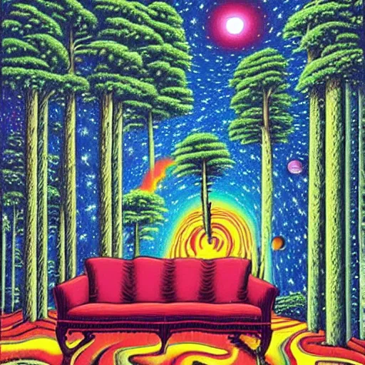 Image similar to psychedelic trippy couch pine forest, planets, milky way, sofa, cartoon by rob gonsalves