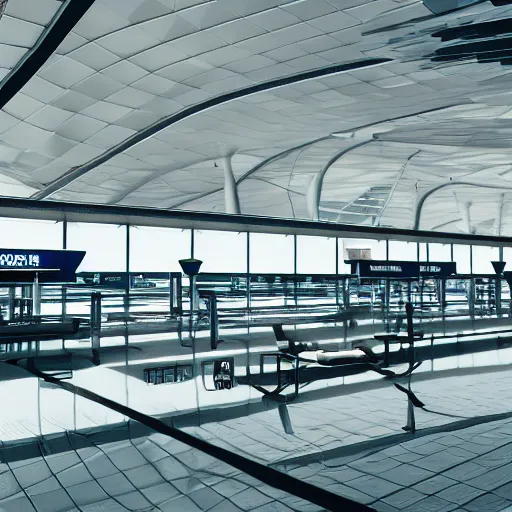 Image similar to photo of an airport interior, the floor is flooded with one meter deep water. eerie, volumetric lighting. highly - detailed 4 k