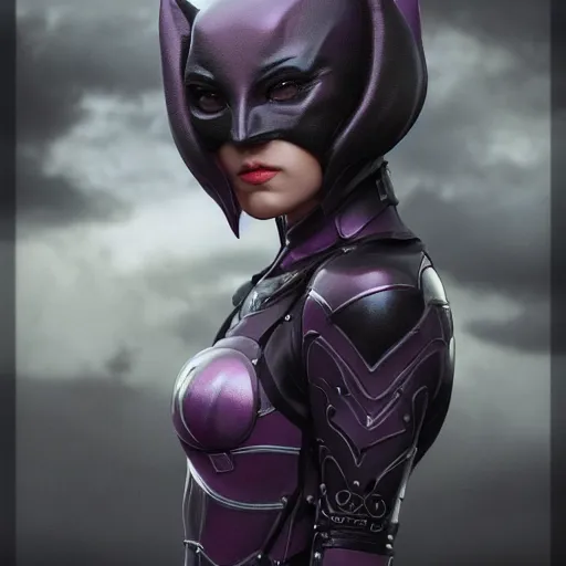 Image similar to actionism, soft painting curiosities carnival, beautiful cat woman in full nightshade armor, symmetry accurate features, focus, very intricate ultrafine details, black white purple volumetric clouds, award winning masterpiece, octane render 8 k hd, tom bagshaw artstyle