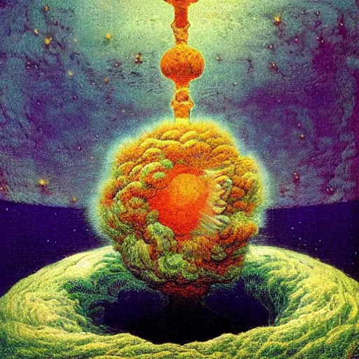 Image similar to cosmic fluffy colorful river octagon eagle neutrino kettle celesta, by zdzislaw beksinski and moebius and filippino lippi, groovy, marvel comics, quantum wavetracing