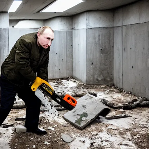 Image similar to putin with a chainsaw. in a concrete bunker with a pile of corpses. focus on putins face with blood splatters. canon eos r 3, f / 1. 4, iso 1 6 0 0, 1 / 8 0 s, 8 k, raw, grainy