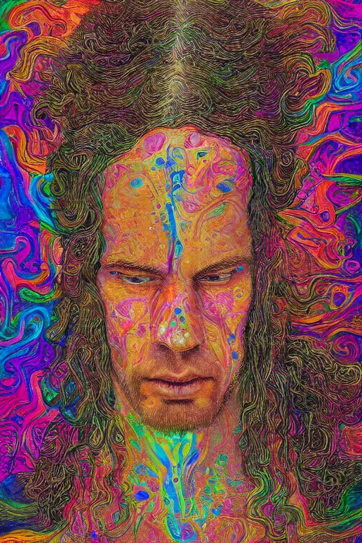 Prompt: a highly textured hyper detailed painting of a mystical man connected to his higher self in a spiritual psychedelic cosmos