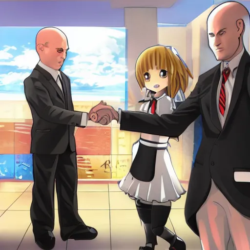 Image similar to agent 47 shaking hands with a kawaii anime girl, incredibly detailed