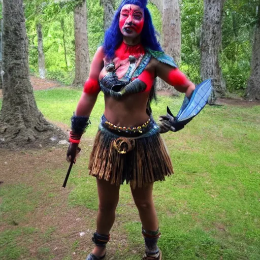 Image similar to full body photo of a female jester amazon warrior