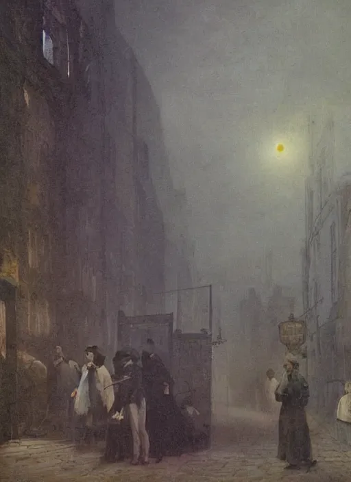 Image similar to 1 9 th century london, shady alleys, pub, thick fog, coherent composition art by caspar david friedrich, thomas lawrence, john martin