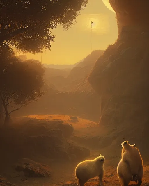 Prompt: white capybara looking over at the roman empire, surreal photography, sunrise dramatic light, impressionist painting, digital painting, artstation, kilian eng, john harris, bastien lecouffe - deharme, simon stalenhag, flower face