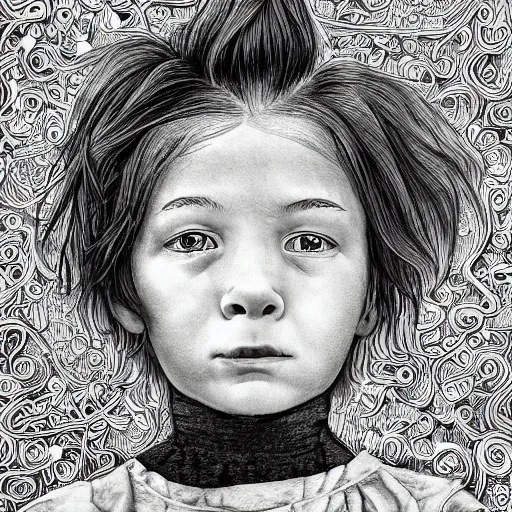 Prompt: Intricate detailed illustration, A portrait of a child who cut their own hair, 8k,