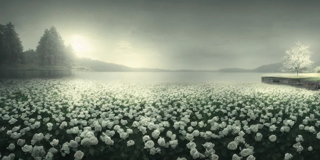 Image similar to the lake in the church is full of white roses, by mikko lagerstedt and makoto shinkai, trending on artstation, 8 k,