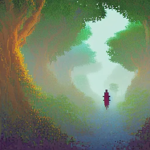 Image similar to A beautiful #pixelart pixel art illustration of a single dusty path winding through a forest groot village by Eyvind Earle and Ivan Shishkin and Marc Simonetti and Amanda Clark and Zhicao Cai, at night, nature, shadows, haunting, DeviantArt, #pixelart:3, blur, dof, human, hair, man, woman, people, person, figure, face, jpeg artifacts, flesh, realism, photorealism, photograph, dust, scratches, text, watermark:-1