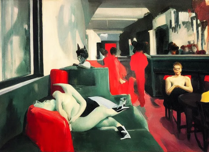 Prompt: realistic lovers collapsed in a the cafe void, curtains, spasms, college girls, couches melting, painted by Edward Hopper, Adrian Ghenie, 8k, Peter Doig, photorealistic, polaroid, melting paint drips