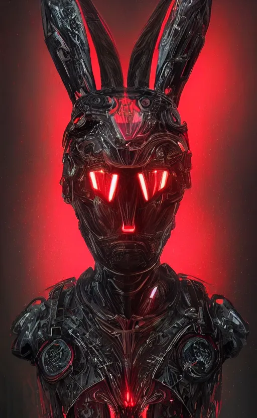 Prompt: face portrait of a cyborg rabbit assassin standing in the forest, in black carbon and red fiber sci-fi armor, light coming off of the armor, tech wear, sci-fi, intricate, elegant, highly detailed, digital painting, artstation, concept art, smooth, sharp focus, illustration, trending on art station, dynamic lighting, cinematic, ultra detailed, fantasy concept art