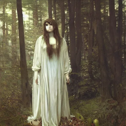 Prompt: the witch standing in the haunted forest | highly detailed oil painting, hyperrealistic, very intrincate | cinematic lighting, award - winning | by roberto ferri, gustav klimt, william waterhouse and tom bagshaw | by austin osman spare and william blake, trending on artstation, cgsociety, official art, octane.