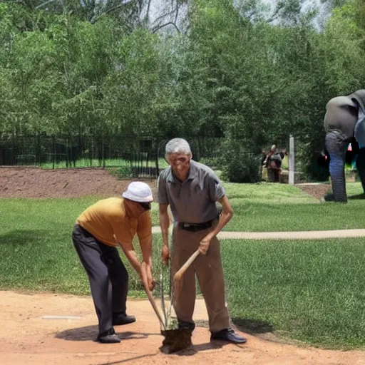 Image similar to a photo of Anthony Fauci shoveling elephant poop at the zoo, he is dressed in a tan uniform