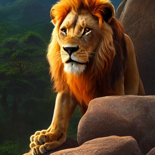 Image similar to Nala the female lion with no mane from the Lion King movie standing on pride rock, summer, bright and beautiful, orange tones, oil painting, Greg Rutkowski, Charlie Bowater, unreal 5, DAZ, hyperrealistic, octane render, RPG portrait, dynamic lighting, fantasy art, beautiful face