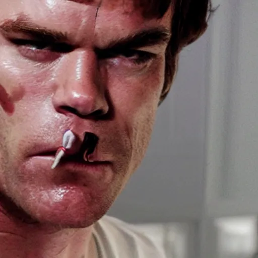 Image similar to Dexter Morgan with bloodshot eyes smoking a cigar