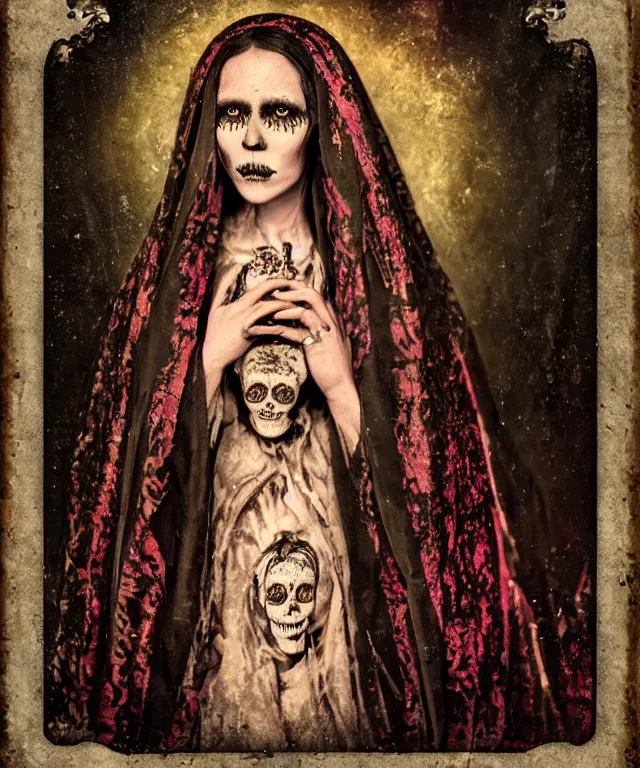 Image similar to tintype virgin mary in dia de muertos dress and make up, horrific beautiful vibe, evocative, atmospheric lighting, painted, intricate, highly detailed, leesha hannigan, wayne haag, reyna rochin, ignacio fernandez rios, mark ryden, iris van herpen, artstation, cgsociety