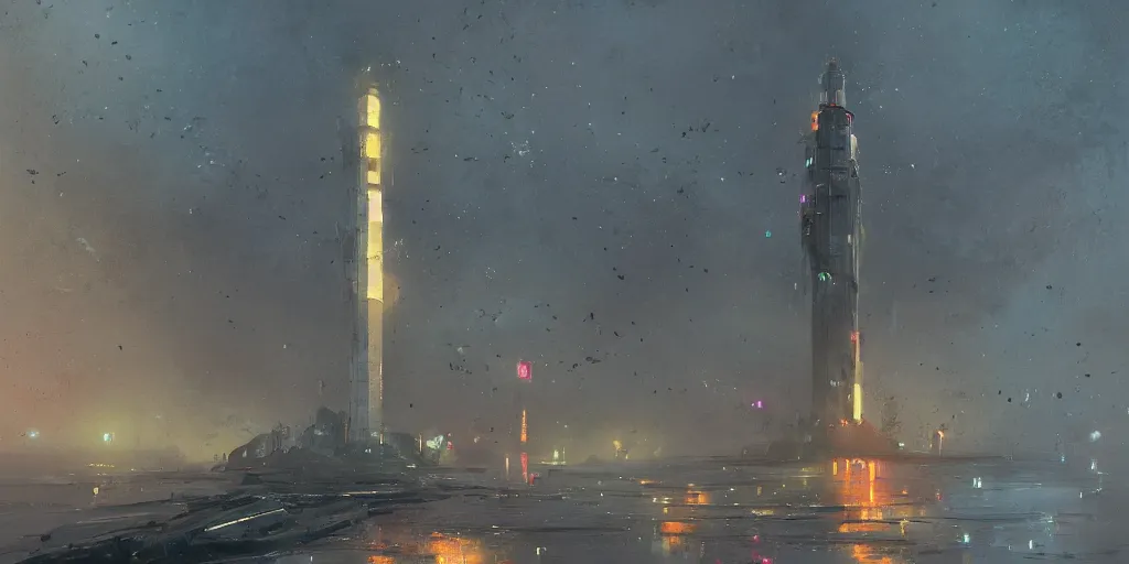 Image similar to concept art of a lone towering sci - fi lighthouse at the waterfront of a busy city, grimy, gritty, blade runner 2 0 4 9, trending on artstation, award winning painting, cgi, art by john berkey and anton fadeev and john howe and simon stalenhag