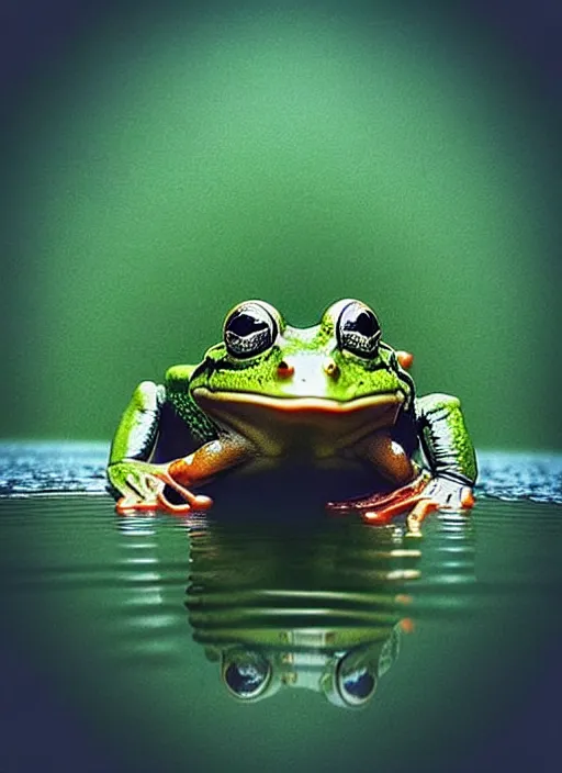 Image similar to “smiling frog vertically hovering over misty lake waters in jesus christ pose, low angle, long cinematic shot by Andrei Tarkovsky, paranormal, eerie, mystical”