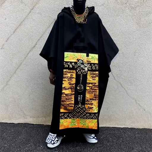 Prompt: black african american afro wearing gucci versace intricate textile chiton himation cloak tunic detailed design japanese kanji streetwear cyberpunk modern fashion