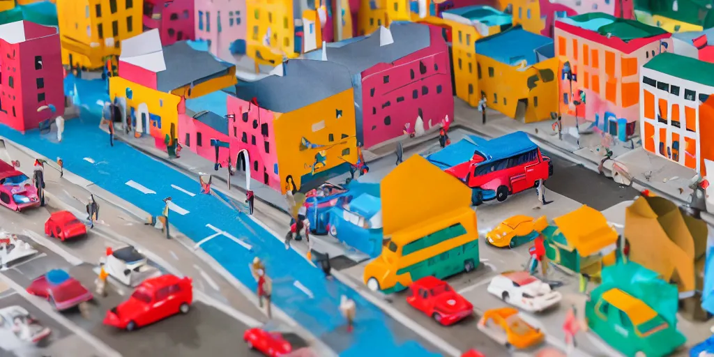 Image similar to paper craft diorama of a colorful city with people and cars