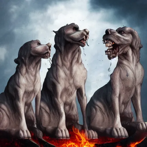 Prompt: Drooling Cerberus standing at the gates of hell. High quality.