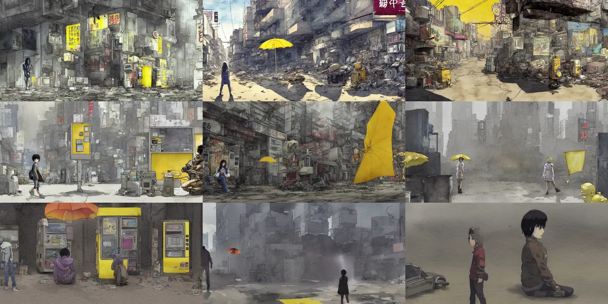 Prompt: incredible wide screenshot, simple watercolor, paper texture, katsuhiro otomo ghost in the shell movie scene, distant shot of grey hoody girl side view sitting under a yellow parasol in deserted dusty shinjuku junk town, broken vending machines, old pawn shop, bright sun bleached ground, mud, fog, dust, windy, scary chameleon face muscle robot monster lurks in the background, ghost mask, teeth, animatronic, black smoke, pale beige sky, junk tv, texture, strange, impossible, fur, spines, mouth, pipe brain, shell, brown mud, dust, bored expression, overhead wires, telephone pole, dusty, dry, pencil marks, genius party,shinjuku, koju morimoto, katsuya terada, masamune shirow, tatsuyuki tanaka hd, 4k, remaster, dynamic camera angle, deep 3 point perspective, fish eye, dynamic scene