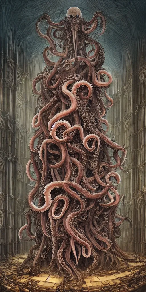 Image similar to group of mankind mages with octopus heads a lot of jellyfish floating around inside an ancient mage castle hall colossal scale, gothic and baroque, brutalist architecture, ultradetailed, Intricate by Ellen Jewett and Josan Gonzalez and Giuseppe Arcimboldo