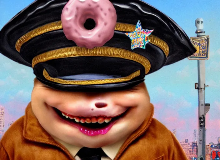 Image similar to a donut wearing a cop hat, lowbrow, matte painting, 3 - d highly detailed, in the style of mark ryden,