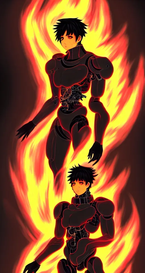 Image similar to a detailed manga full body portrait illustration of a dark haired cyborg anime man surrounded by fire, detailed artwork, realism, 4 k resolution, detailed, high quality, sharp focus, hq artwork, insane detail, volumetric lighting, character concept art, fine details, clear subject, central subject