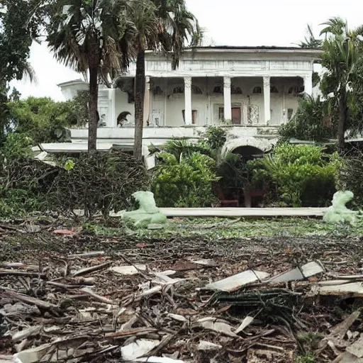 Image similar to The Mansion from Scarface (1983) being reclaimed by nature, in ruins, The world is yours statue