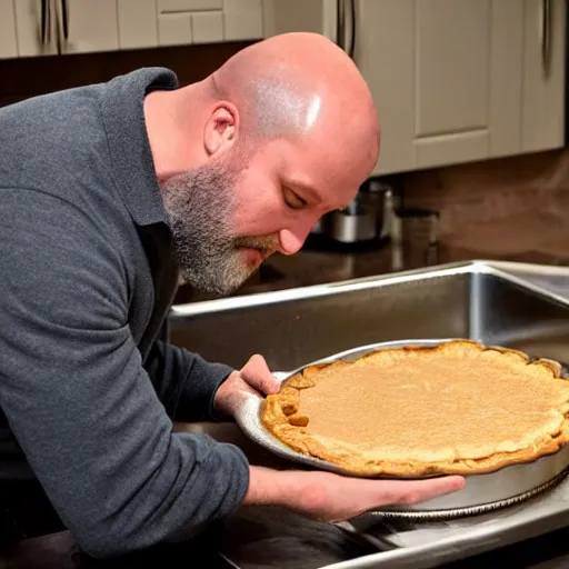 Image similar to ethan van sciver with a bald head and grey trimmed beard is sniffing a warm baked pie in his kitchen in the middle of the night h 7 0 4