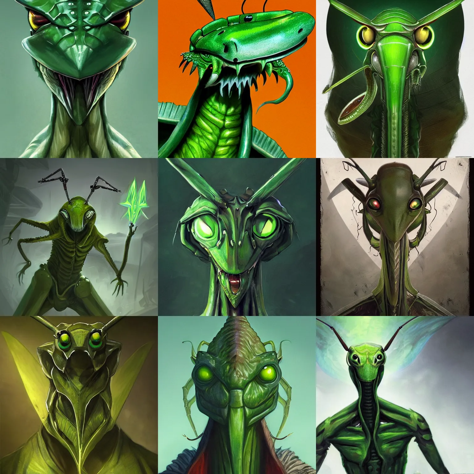 Prompt: portrait of green anthropomorphic mantis religiosa ; hard predatory look ; d & d rogue ; powerful front forelegs holding an enchanted dagger ; flat triangle - shaped head with antennae ; concept art ; artstation ; 8 k ; wallpapers ; heavy contrast ; cinematic art ; cgsociety ; art by greg rutkowski and artgerm