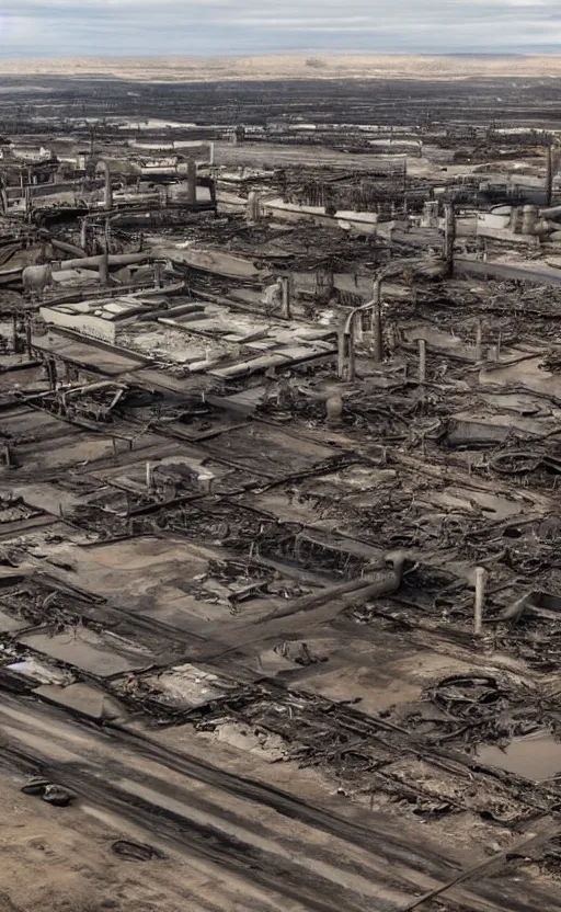Image similar to industrial devastation abandoned factories oil field post - apocalyptic dusk wasteland irradiated contaminated