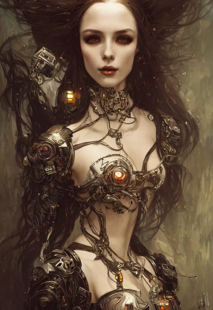 Image similar to portrait of beautiful pale gothic maiden, warhammer 40000, cyberpunk, intricate, elegant, highly detailed, digital painting, artstation, concept art, smooth, sharp focus, illustration, art by artgerm and greg rutkowski and alphonse mucha and Gustav Klimt