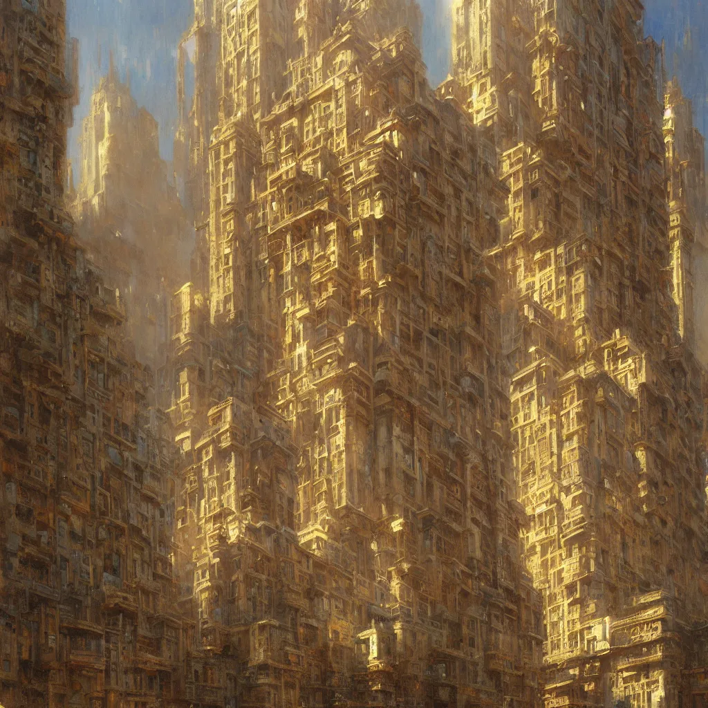 Image similar to detailed cinematic low angle shot of chrysller building, spring light, painting by gaston bussiere, craig mullins, j. c. leyendecker