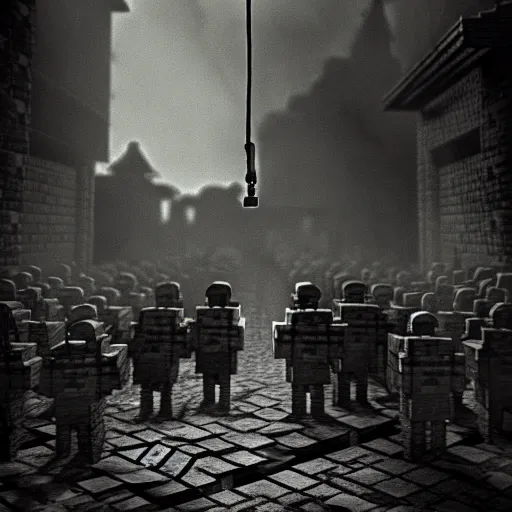 Image similar to eerie, the holocaust in minecraft , very old photo, photo from 1940s, war photograph, very authentic, very detailed, dramatic, intricate, highly detailed, digital painting, artstation, concept art, smooth, sharp focus, illustration, art by Gustave Dore, octane render