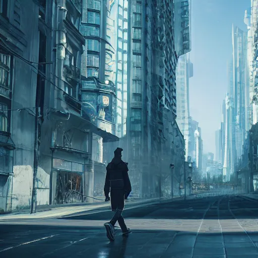 Prompt: Slavic citizen walking on a street of a future city, art book, 4k, Unreal engine, hyperrealistic, Flickr, by Maciej Kuciara