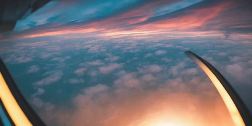 Image similar to wide angle photo looking out the window of a space capsule, liminal, cinematic, dreamscape, cinematics lighting, sunset colors, flying in the air, city in background