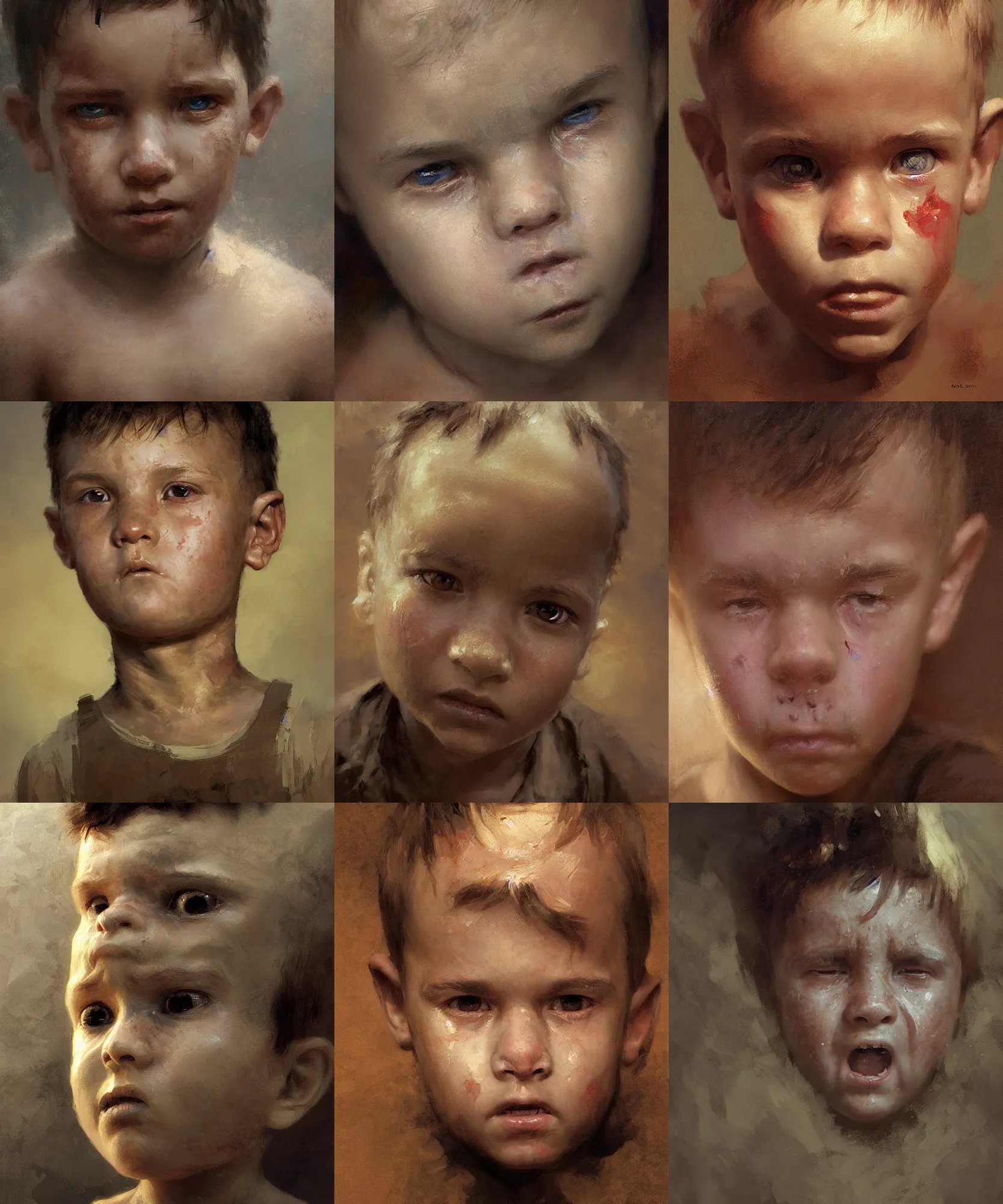 Prompt: overhead view digital art painting of a young boy scared face expression painted by craig mullins and gaston bussiere and greg rutkowski, symmetrical face, defined facial features, symmetrical facial features, dramatic lighting, close up