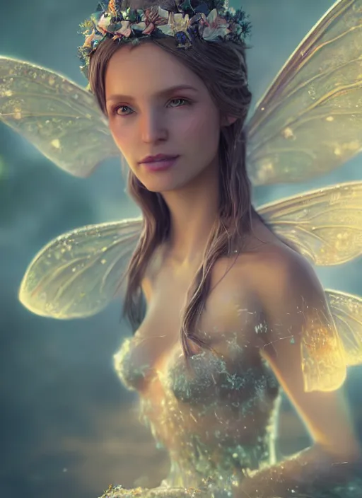 Prompt: beautiful beautiful full body portrait fairy faerie fey fae queen soft highly detailed CGsociety subtle enchanting alluring magical concept art volumetric lighting unreal engine octane render 4k