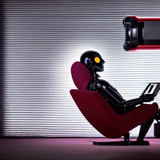 Prompt: futuristic studious matte brown and red and chrome full-body humanoid robot with two huge round expressive sad purple glowing LED eyes and open rectangular mouth sitting on a large comfortable cushioned 1950s vintage recliner reading a newspaper. open newspaper. full shot Cinematic Movie Photograph, Arri Alexa, Extremely Detailed, smooth, very very clean, white cyc, white background, 8K, octane render, maya render, unreal engine, trending on artstation, DSLR, excellent composition, center frame