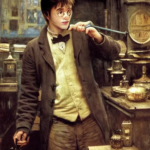 Prompt: harry potter at a tardis console, highly detailed, by jules bastien - lepage, jean - joseph benjamin - constant