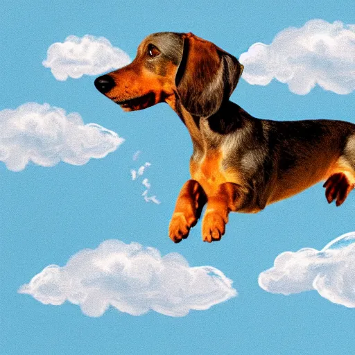 Prompt: elderly light gray wire-haired dachshund with long hair, jumping in the air, floating in heaven, flying through blue sky, white clouds